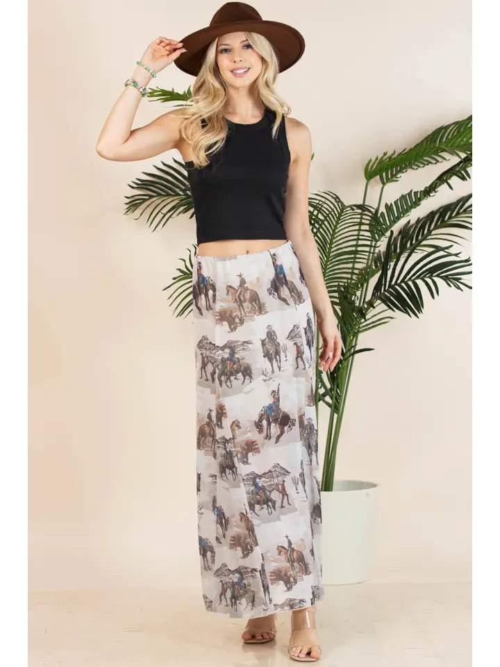 Cowboy Print Lined Mesh Skirt