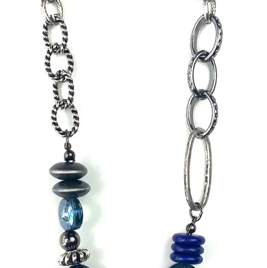 Metal Link Necklace with Blue Beads