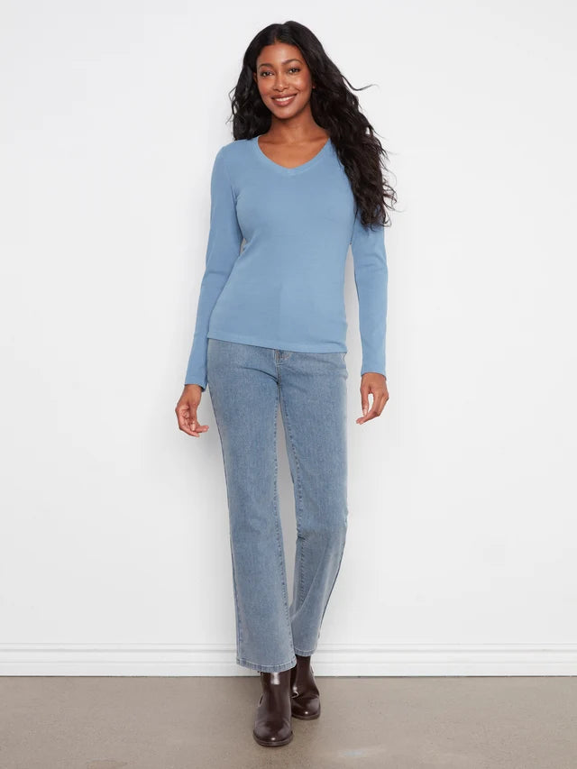 Cotton Blend Ribbed Long Sleeve Top