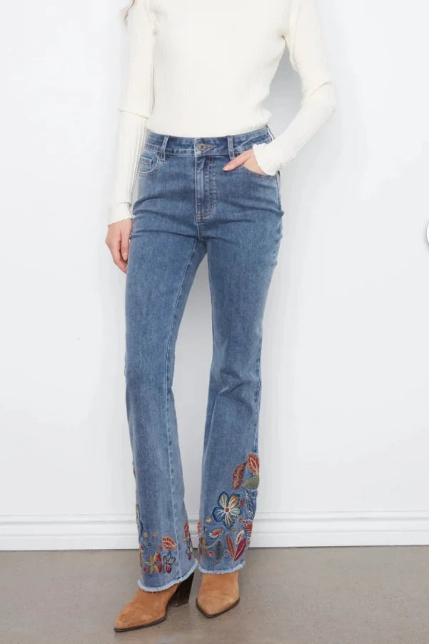 Flare Leg Stretch Denim Pants W/Colorful Embroidery
