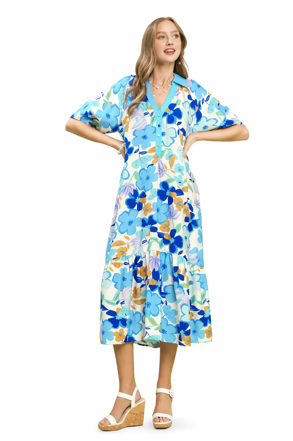 umGee Blue Floral Tiered Midi Dress