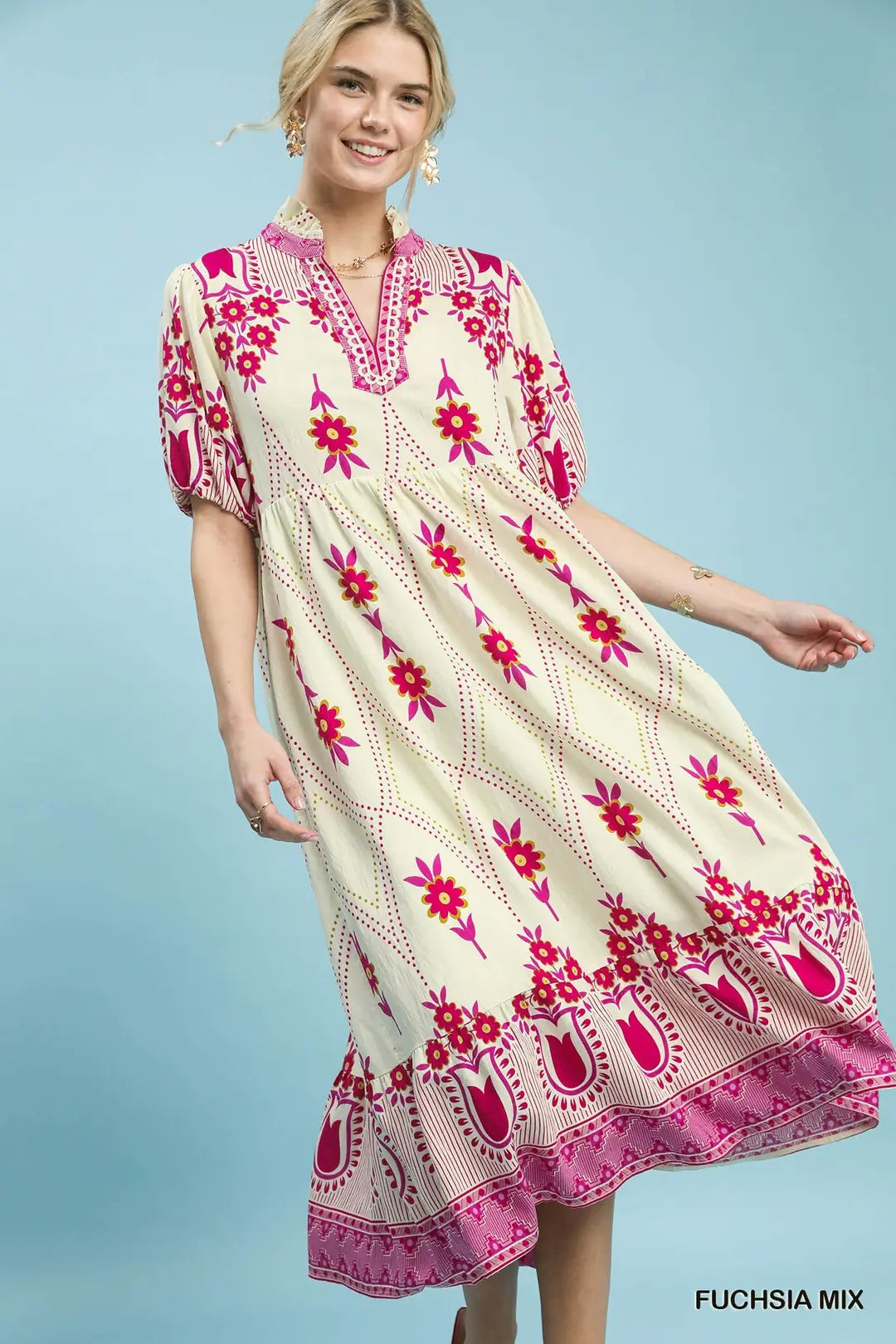 Mix Floral Border Print Midi Dress