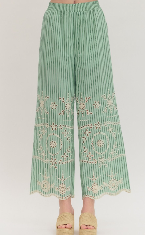 Embroidered Eyelet Wide-Leg Pants