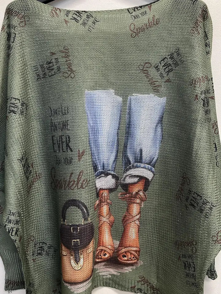 VILEGO Olive Knit Printed Sweater