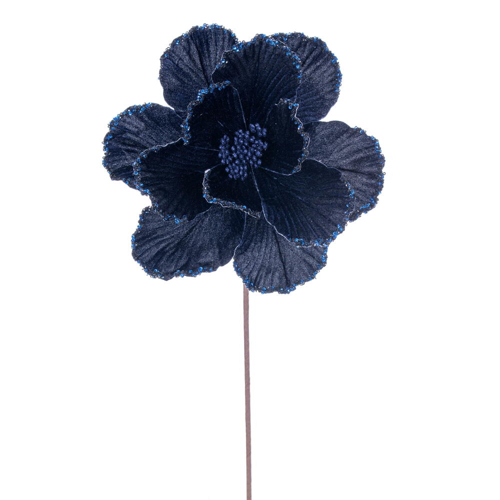 20" Midnt. Blue Velvet Bead Trim Magnolia Stem