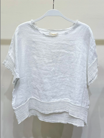 Mesh Sleeve Hem Crew Neck Linen Top