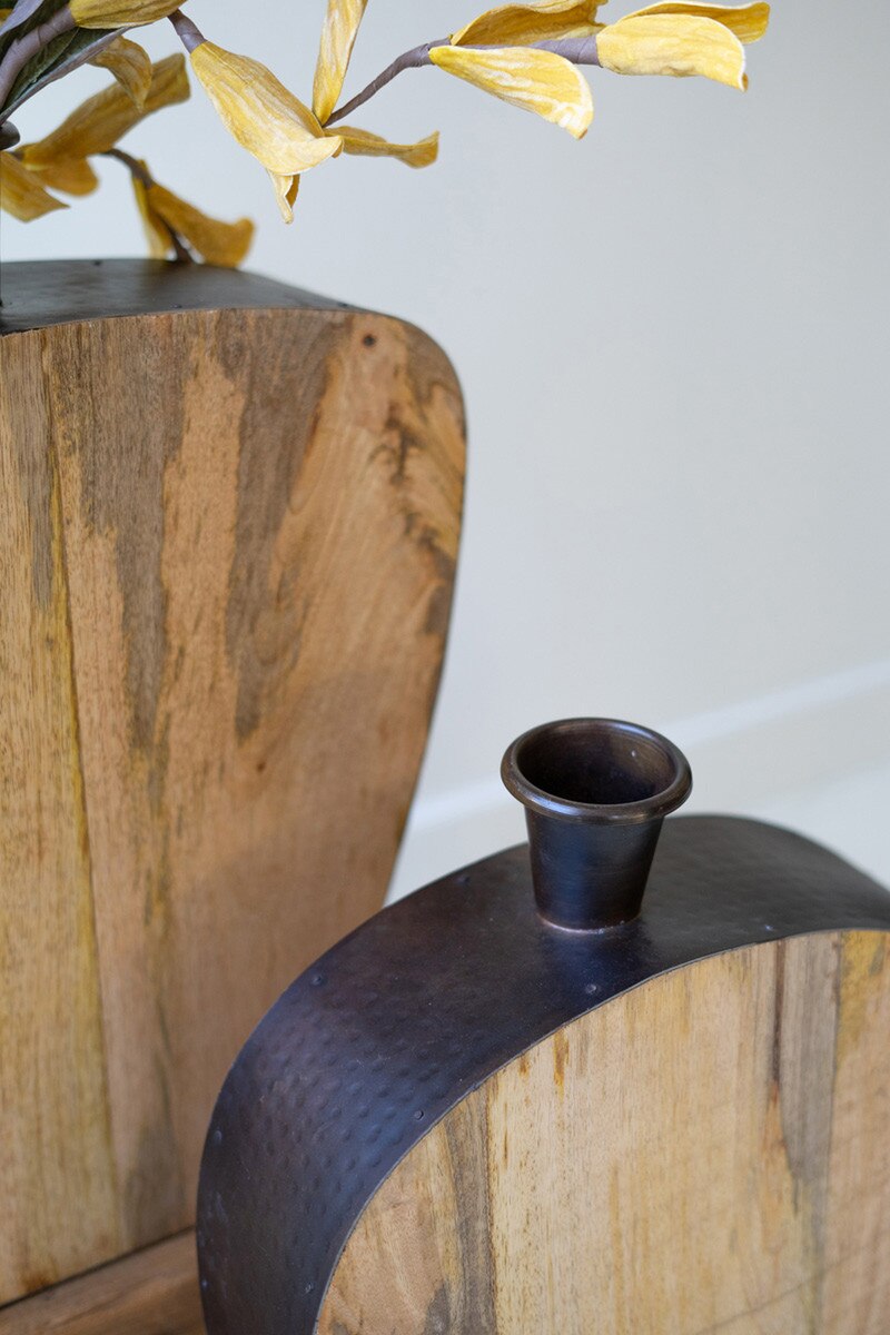 Mango Wood and Metal Vases Set of 2