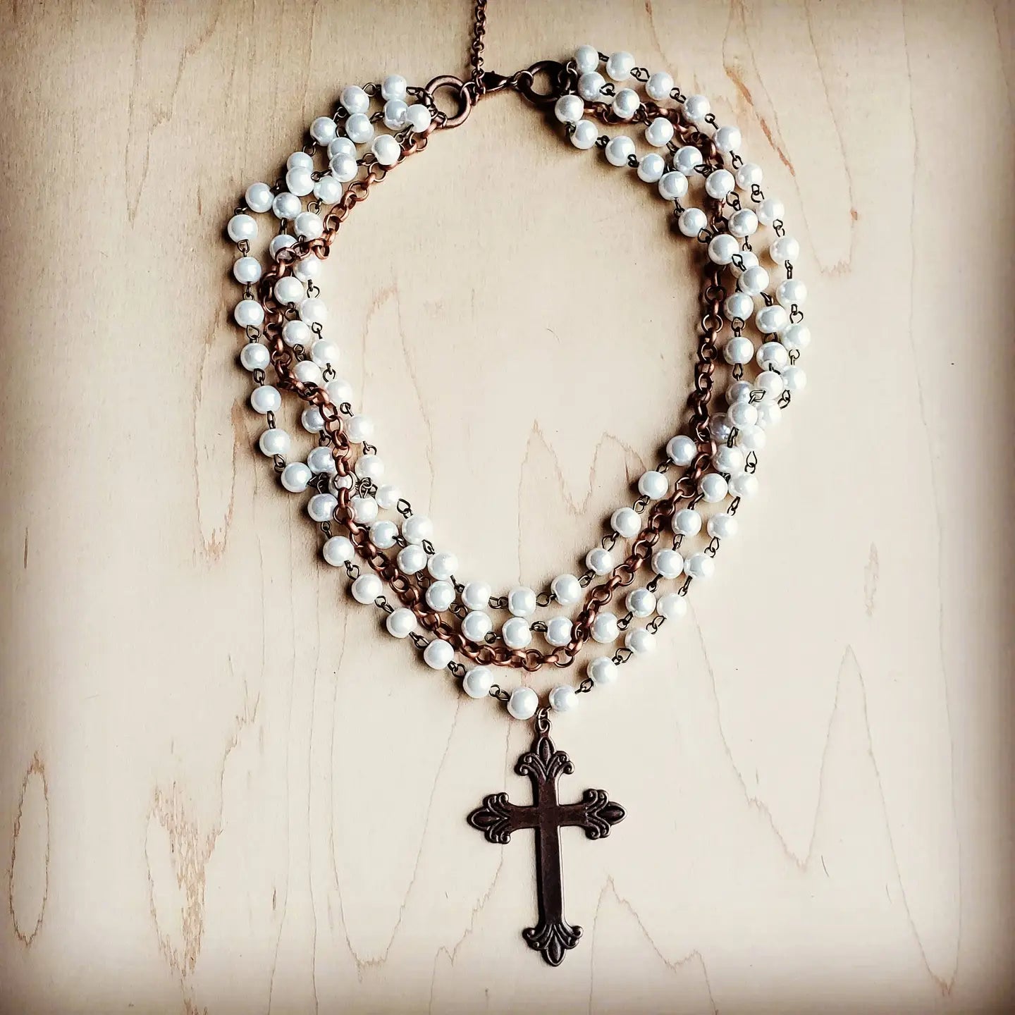 Pearl and Copper Beaded Collar Necklace with Copper Cross