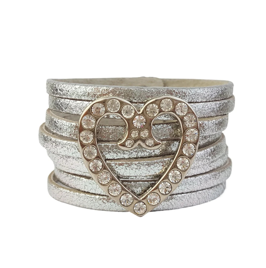 Silver Crystal Heart Leather Cuff Bracelet