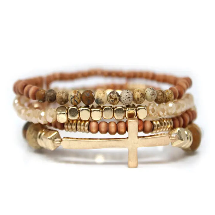 Brown Cross Beaded Stretch Bracelet Set