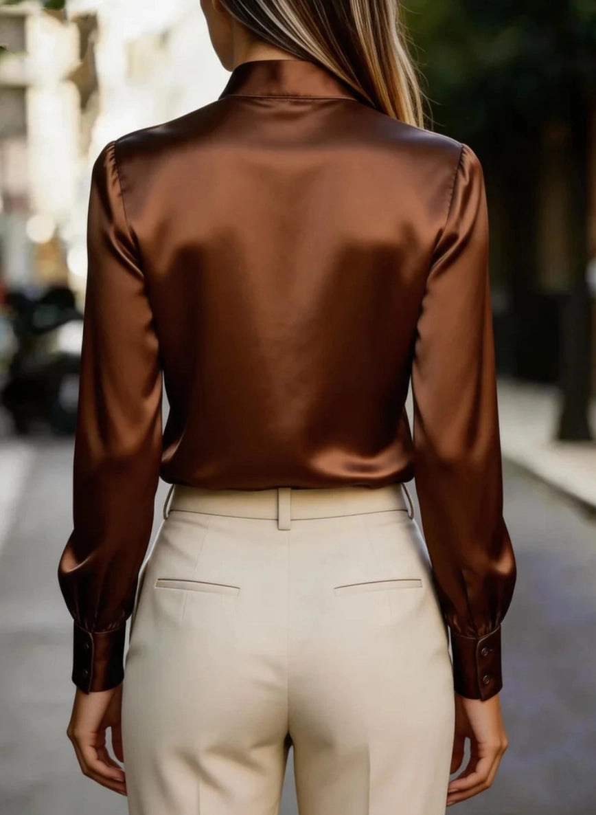 Anna Kaci Satin Long Sleeve Blouse