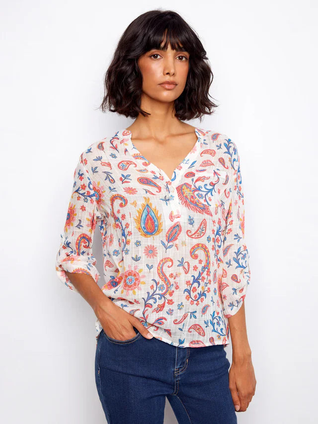 Cotton Gauze Half-Button Blouse - Festive