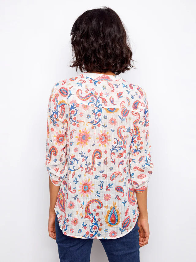 Cotton Gauze Half-Button Blouse - Festive