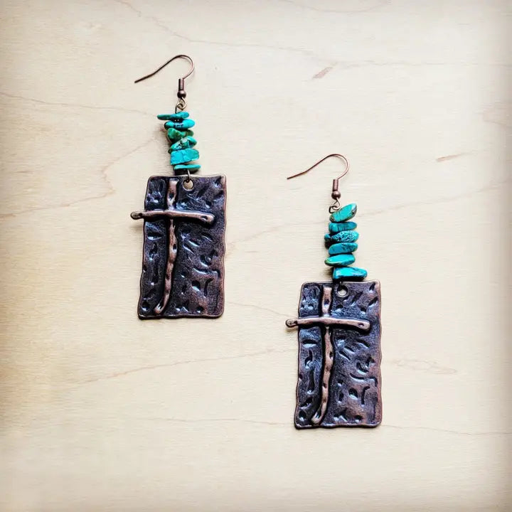 Handmade Copper Cross Turquoise Earrings