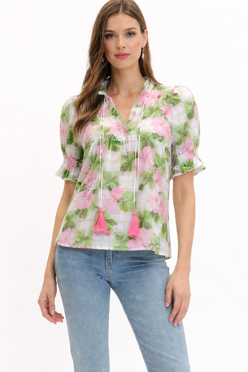 Floral Tassel Tie Blouse