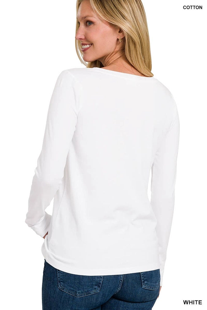 Cotton V-Neck Long Sleeve T-Shirt White Small
