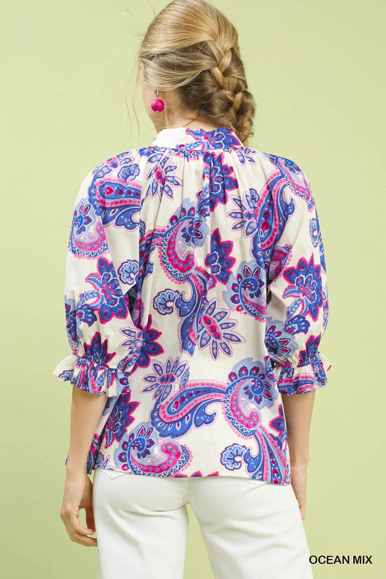 Paisley Print Button Front Top – Ocean Mix