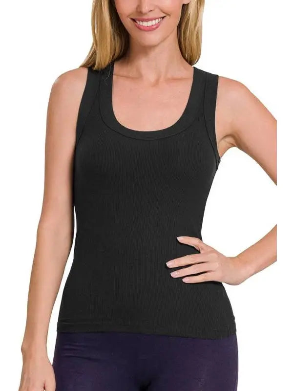 Ribbed Scoop Neck Tank Top Off Black Medium