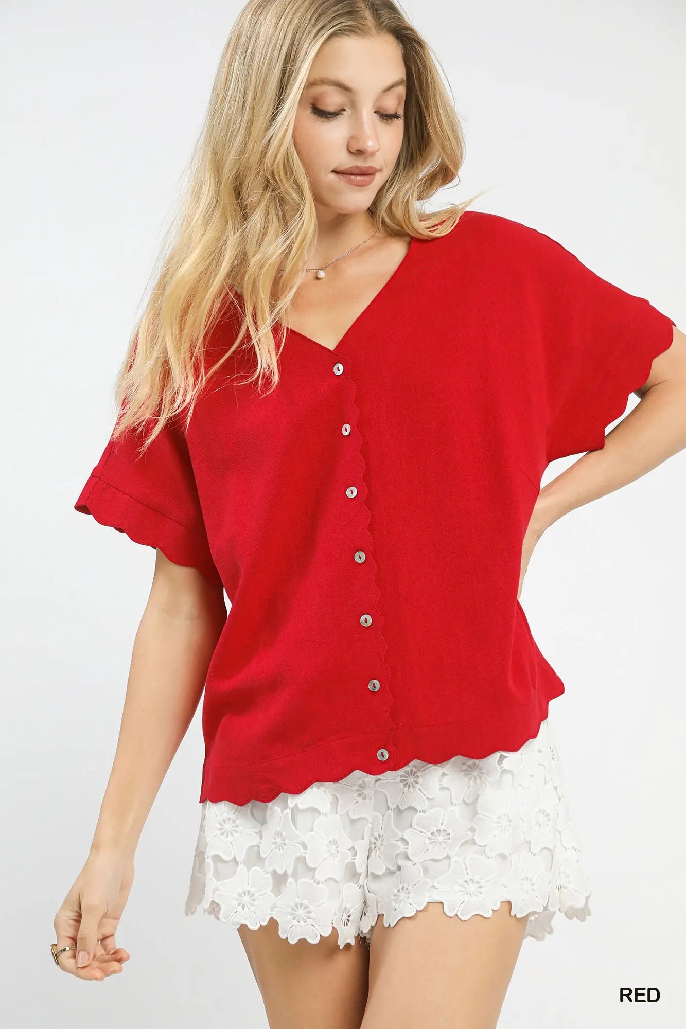 Linen Scallop Button Front Top