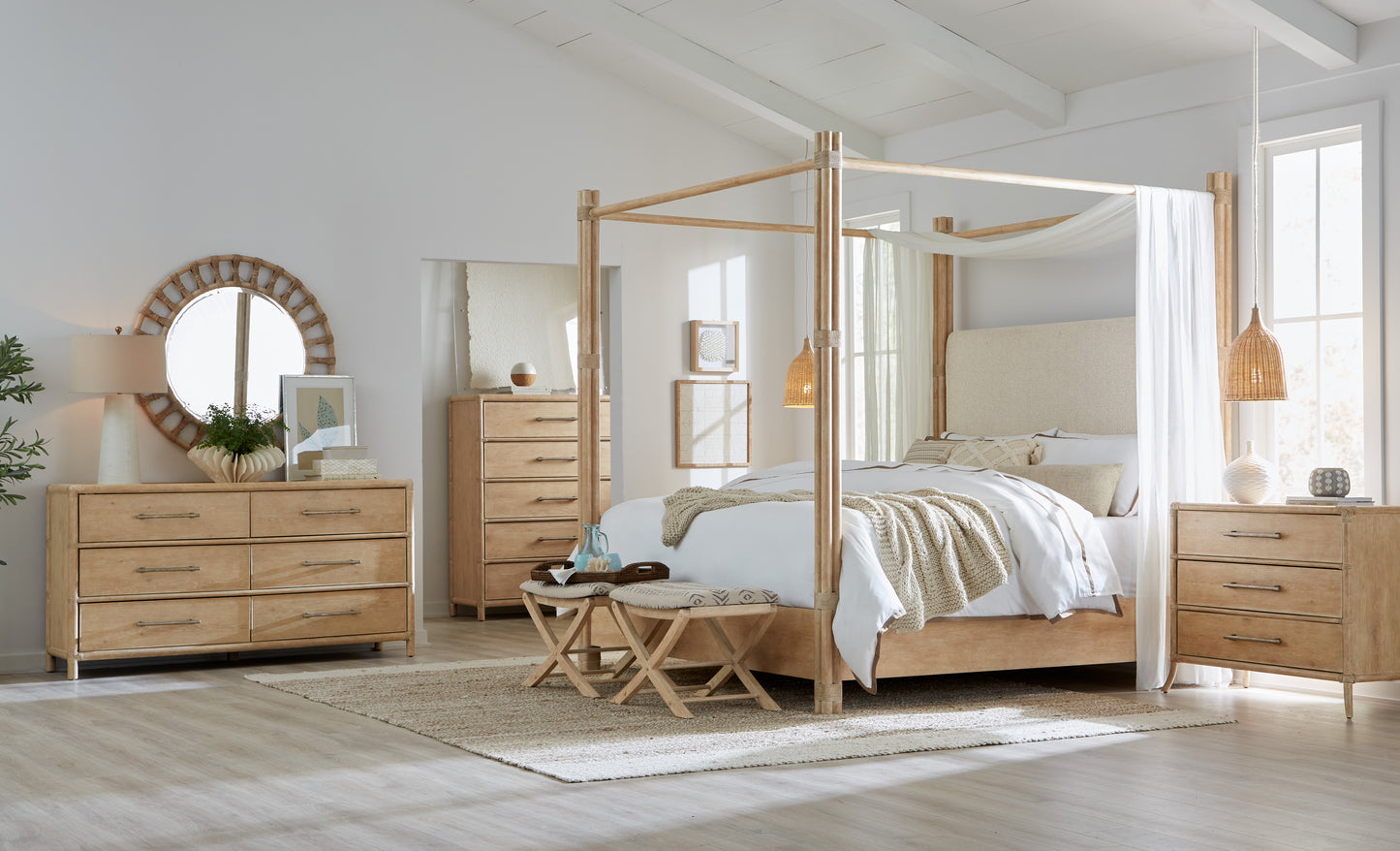 Retreat Pole Rattan King Upholstered Poster Bed withCanopy