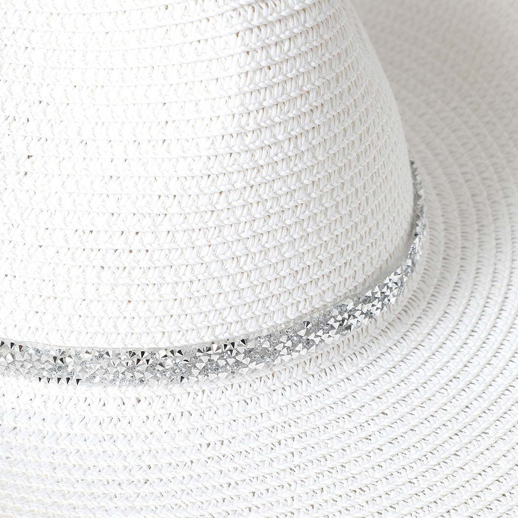 Rhinestone Band Straw Panama Cowboy Hat White