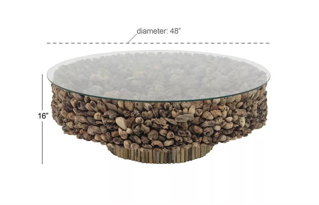 Driftwood Collage Pedestal Base Coffee Table with Tempered Glass Top