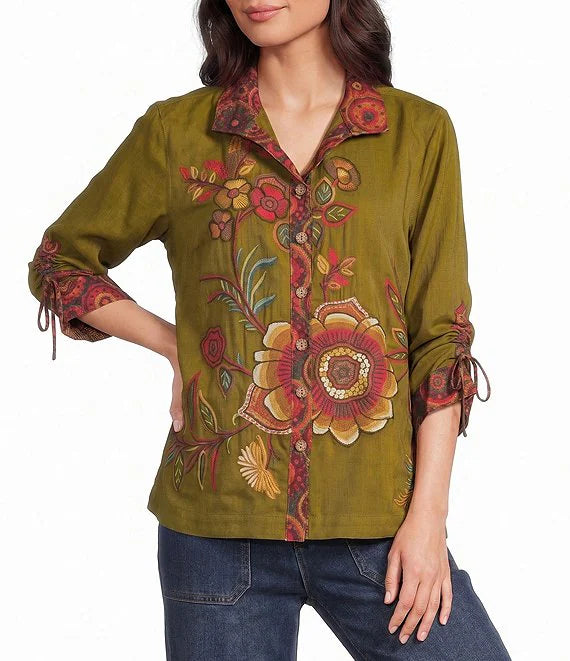 John Mark Woven Wired Collar Print Top