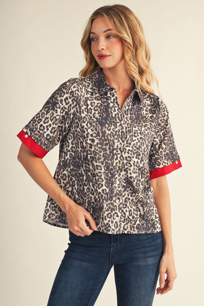 Jodifl Short Sleeve Leopard Top with Red Accents