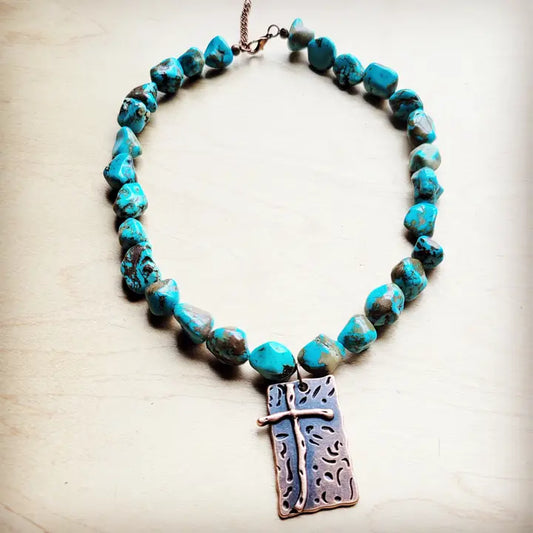 Jewelry Junkie – Blue Turquoise Collar Necklace with Copper Cross Pendant