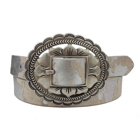 Genuine Cowhide Western Belt with Floral Oval Buckle