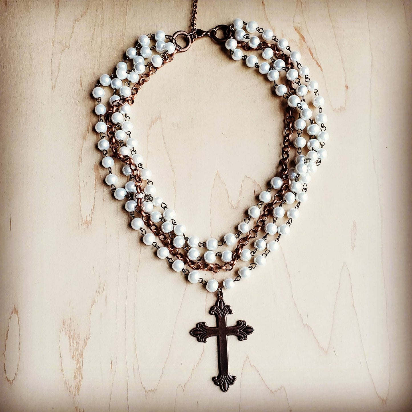 Pearl and Copper Necklace with Copper Cross