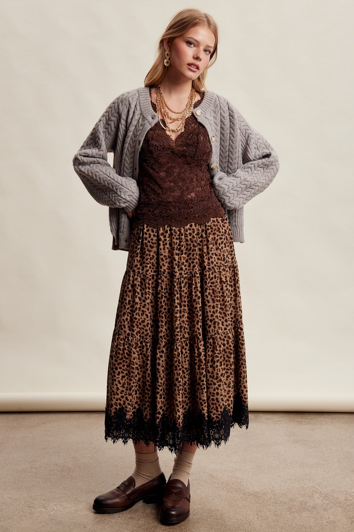Listicle – Lace Trim Leopard Tiered Maxi Skirt