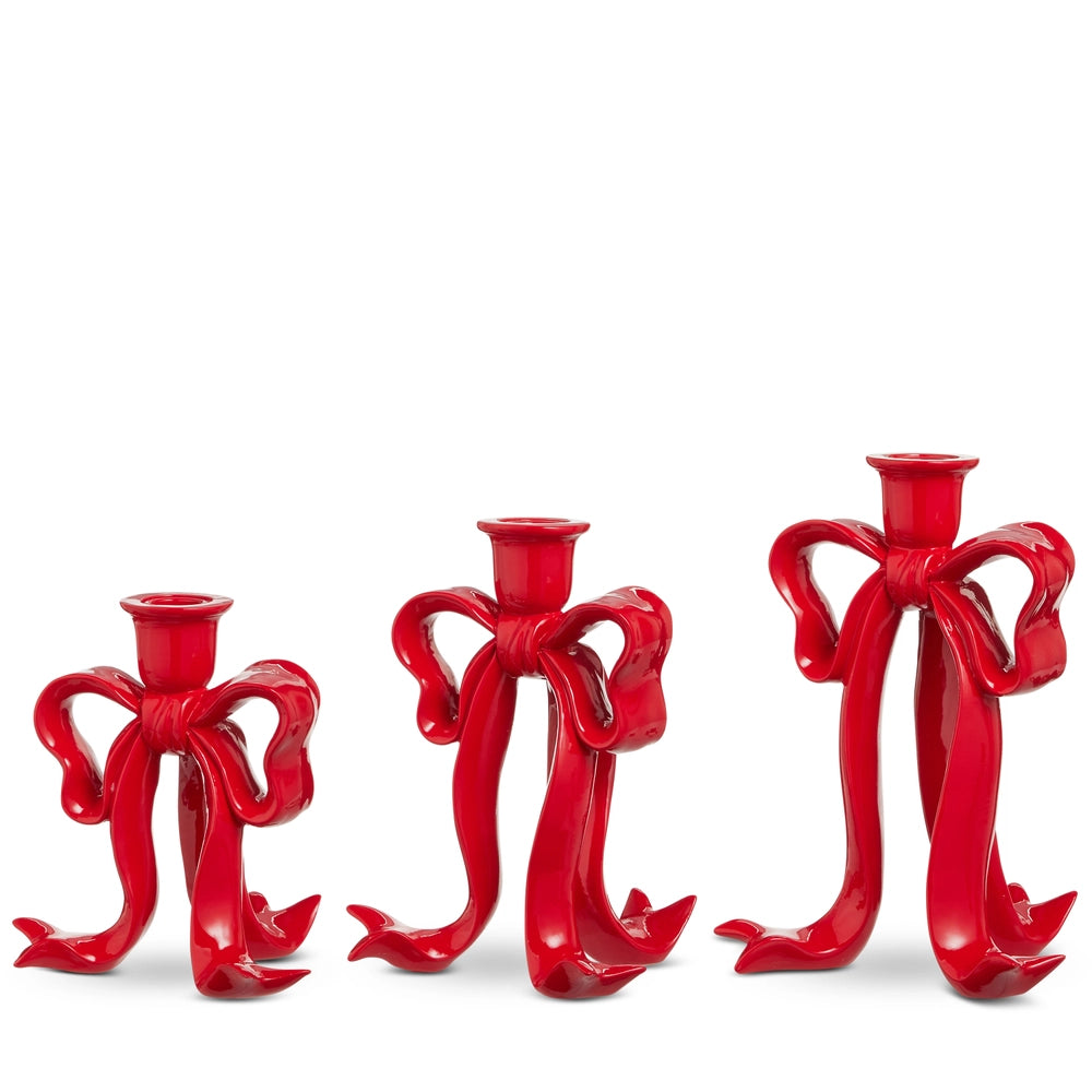 9" Red Bow Candlesticks Set of 3