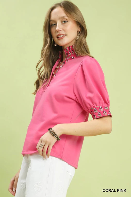Umgee Coral Pink Puff Sleeve Top