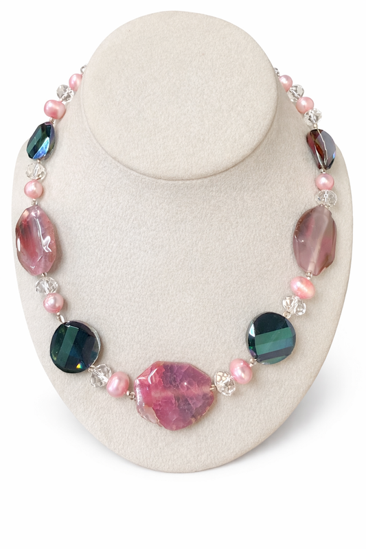 Pink Agate &amp; Crystal Statement Necklace
