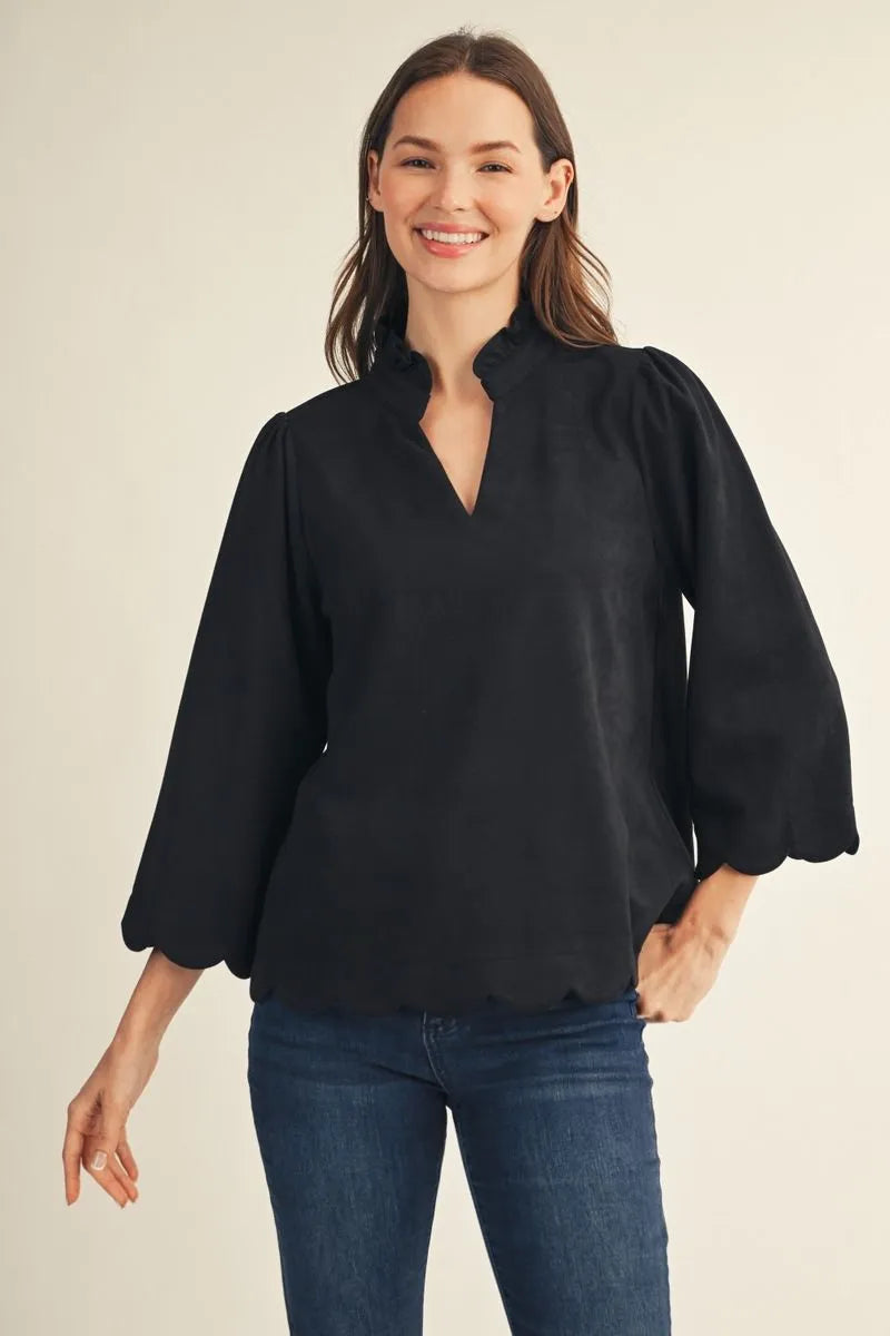 Suede Top with Scallop Edges - Black
