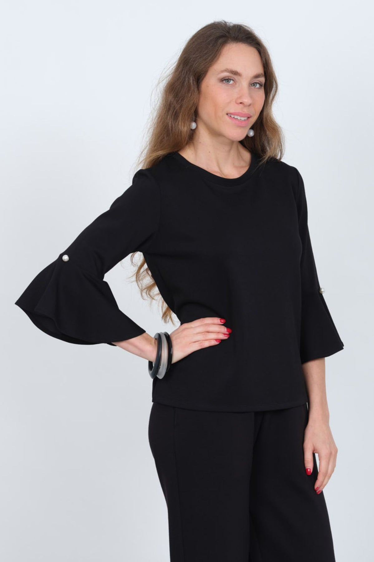Lior Black Top With Single Pearl Detail
