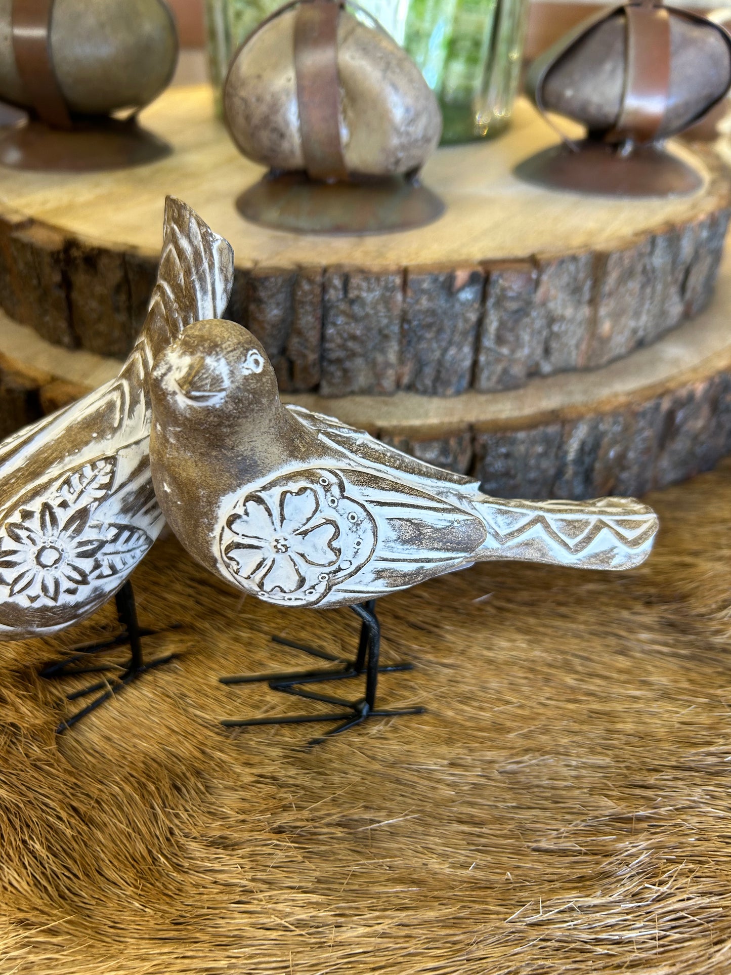 Carved Birds With Metal Legs