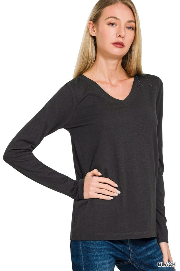 Cotton V-neck Long Sleeve Tee