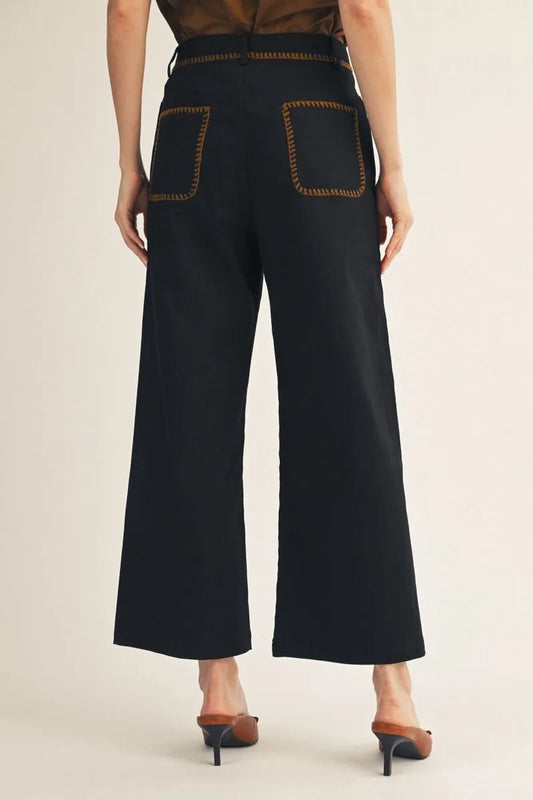 High Waist Wide Leg Solid Pants with Pockets - Black