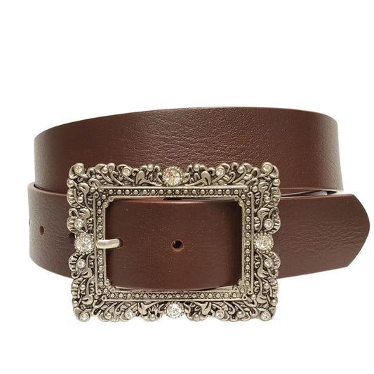 Leather Belt with Western Rectangular Buckle
