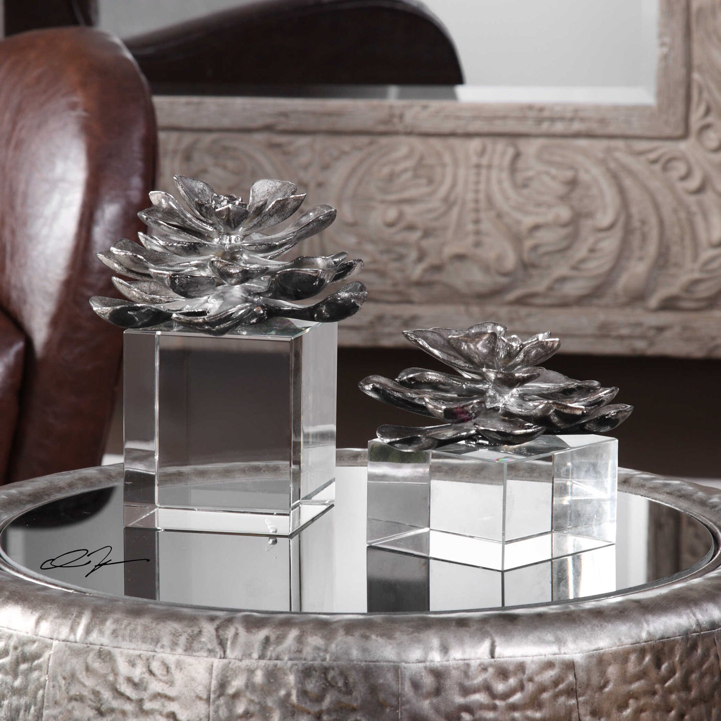 Uttermost Indian Lotus Metallic Silver Flowers Set/2