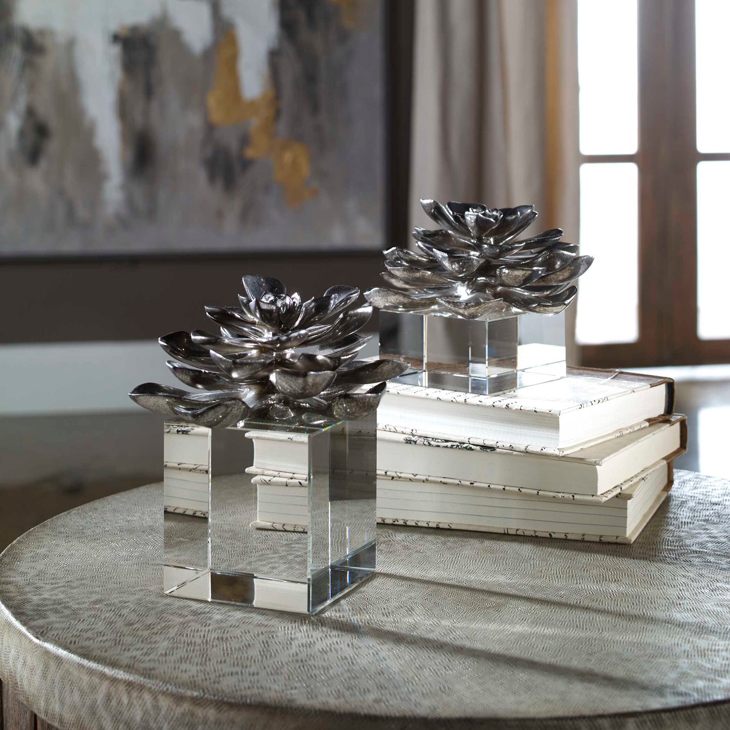 Uttermost Indian Lotus Metallic Silver Flowers Set/2