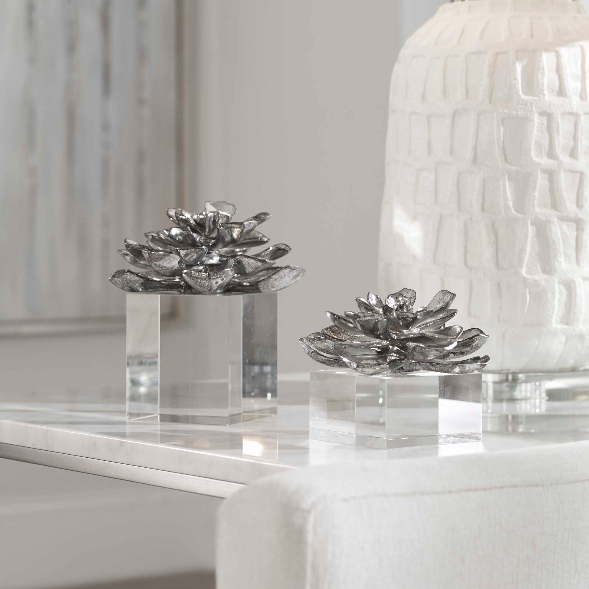Uttermost Indian Lotus Metallic Silver Flowers Set/2