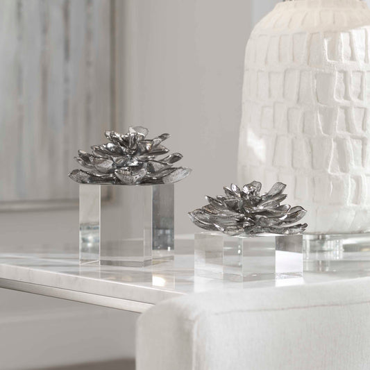 Uttermost Indian Lotus Metallic Silver Flowers Set/2