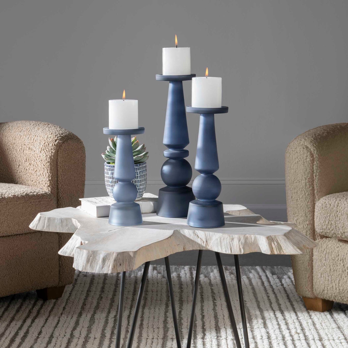 Uttermost Cassiopeia Blue Glass Candleholders Set/3