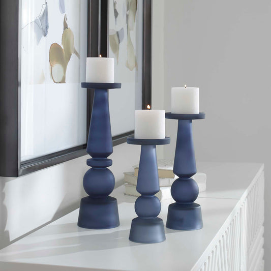 Uttermost Cassiopeia Blue Glass Candleholders Set/3