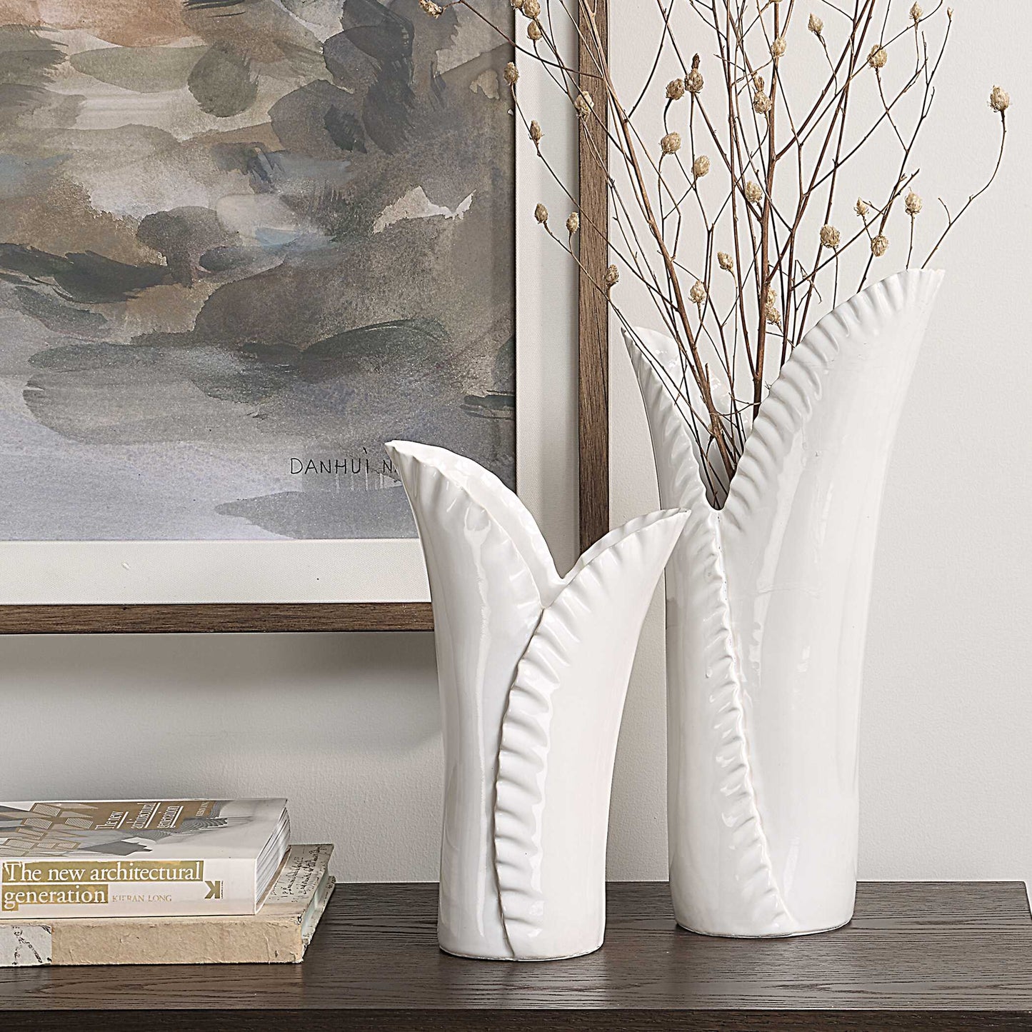 Uttermost Leafscape White Vases Set/2