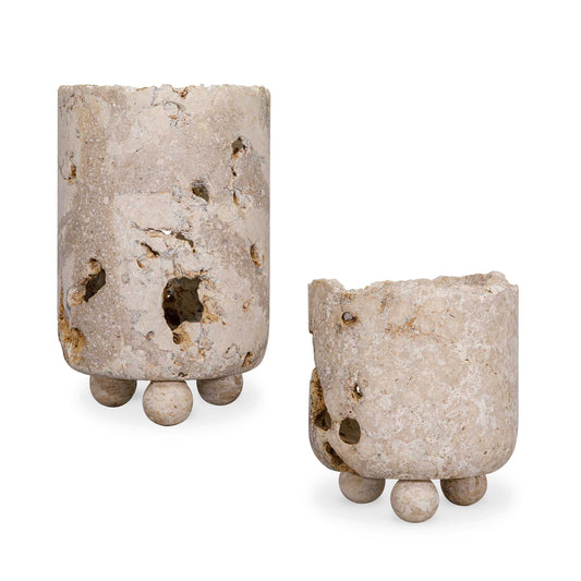 Uttermost Indoor-Outdoor Quarried Stone Candleholders, S/2 - Brown,White