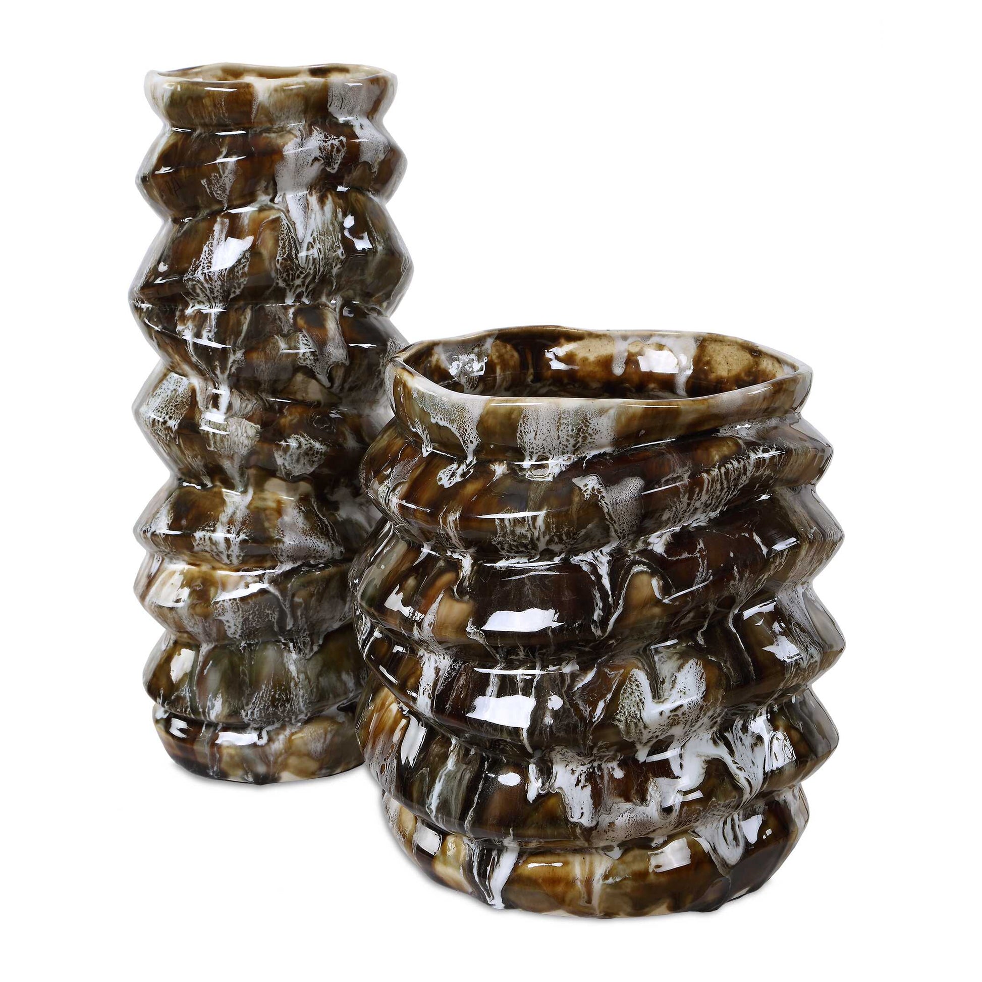 Uttermost Cuoco Glazed Brown Vases, S/2 - Brown,White
